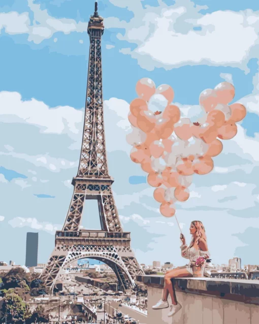 Femme et ballons au bord de la Tour Eiffel Diamond Painting | Seos Shop ®