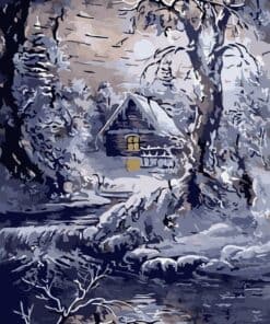 Maison et rivière en hiver Diamond Painting | Seos Shop ®