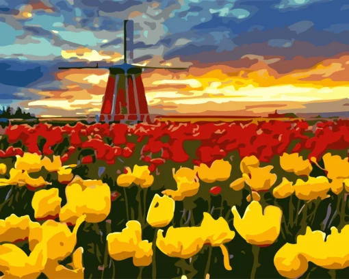 Moulin et Tulipes Rouges et Jaunes Diamond Painting | Seos Shop ®